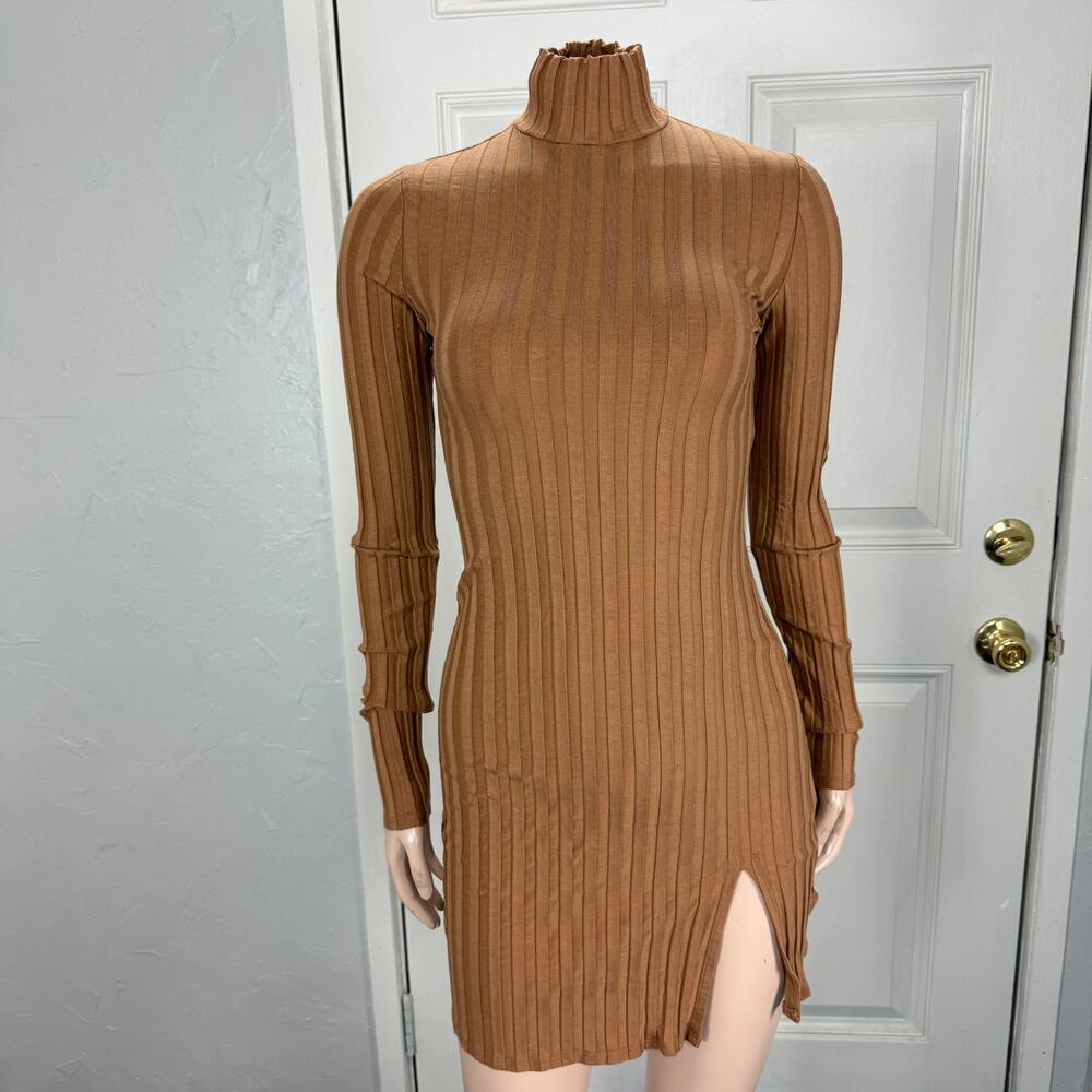 Reformation Camel Ribbed Mini Dress